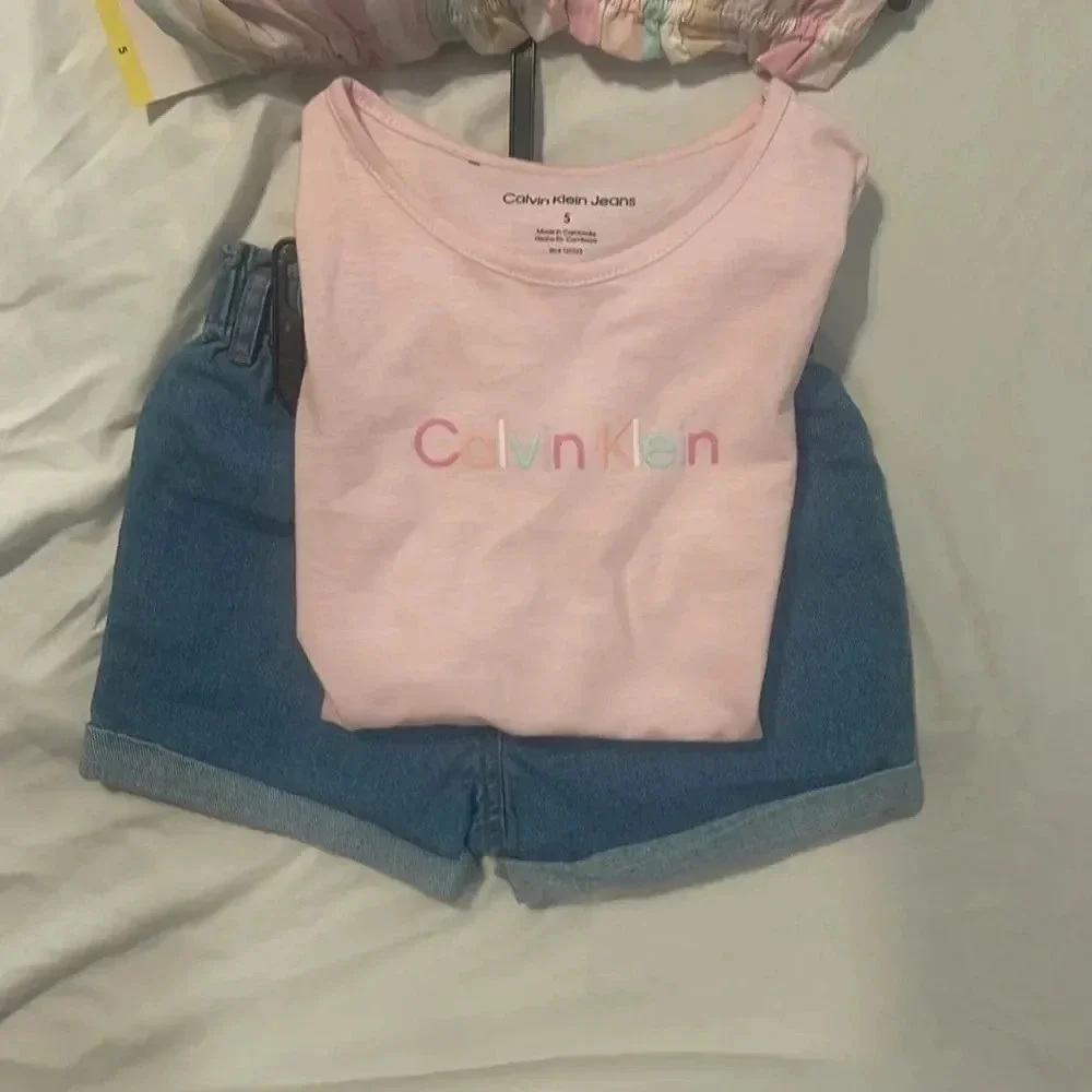 Calvin Klein pink 3 piece shirt set Jean Shorts Striped shirt #1